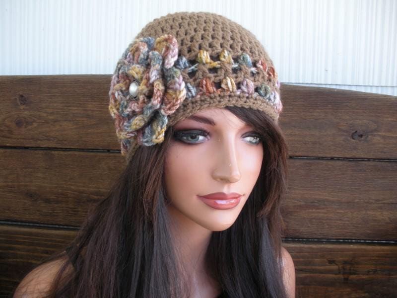 Crochet Cloche Hat: Light Brown Beanie With Multicolored  display picture 3