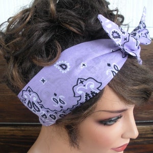 Womens Headband WIRED Headband Dolly Bow Summer Fashion Accessories Women Headscarf Bandana Lilac Paisley - Choose color