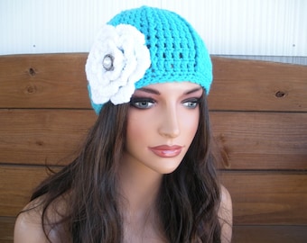 Aqua Crochet Cloche Hat with White Flower