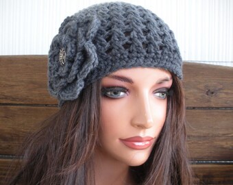 Grey Ombre Crochet Hat: Summer Fashion Accessories Women Beanie Cloche with flower