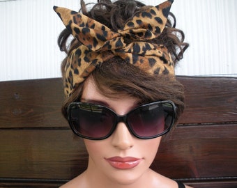 Dolly Bow Headband Wired Headband Retro Headband Summer Fashion Accessories Women Headscarf Headwrap in Beige with Leopard print