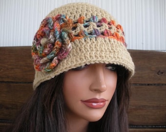 Crochet Bucket Hat: Women Summer Beanie in Beige with Multicolored Striped and Flower