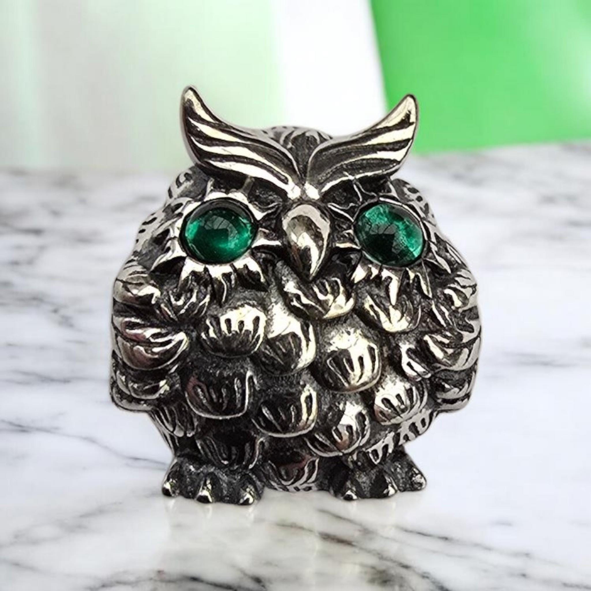 Sterling Silver Owl Charm &ndash; Green Crystal Eyes, European Bracelet Jewellery