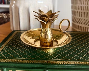 Vintage Brass Pineapple Candle Holder | Mini Chamberstick Finger Loop | Colonial Williamsburg Style Brass Decor