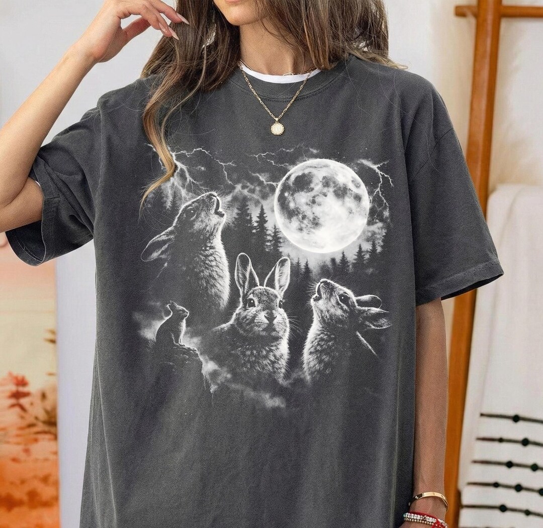 Howling Rabbit Shirt Vintage Bunny Howling Moon T-shirt, Comfort Colors Rabbit Graphic Tee ...
