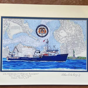 May include: A framed nautical print featuring a blue ship on a map with the Statue of Liberty in the background. The print includes the text "US Merchant Marine Academy TN Kings Pointer Kings Point, NY" and a seal.