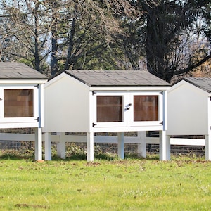 Op de afbeelding: Drie witte konijnenhokken met donkergrijze pannendaken en heldere ramen staan op witte poten in een grasveld. Op de achtergrond staat een witte omheining. Het websiteadres www.bestcoops.net is onderaan zichtbaar.