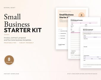 Kit de démarrage pour petites entreprises (PDF imprimable) : modèle de facture, contrat de service, proposition de projet, plan d’affaires, procédure opérationnelle standard (POS), budget, ordre du jour de réunion.