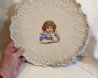 Antique Victorian Era 7” White Porcelain Transfer Portrait Of Little Girl Plate