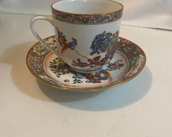 Demitasse Cup & Saucer-Bird and Flower Pattern Chinese-Marked Chop -Vtg