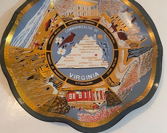 Wavy Edge VIRGINIA Souvenir Dish Smoky Black Glass with Popular Attractions