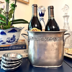 Vintage 1990s Pottery Barn "Vineyard" Pewter Silverplate Ice Bucket, Heavy Hotel-Style Champagne Chiller