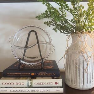 May include: A clear glass serving dish with a beaded edge sits on a black metal stand. The dish is divided into sections. Below it are stacked books with titles including "The Southerner's Handbook" and "Garden & Gun." A white vase with greenery is to the right.