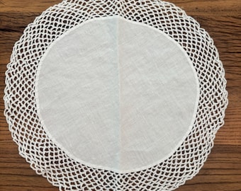 Vintage White Linen Doily with Crochet Lace Edge