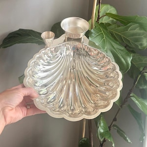 Vintage W&S Black Silverplate Scalloped Shell Server and Condiment Dish • Midcentury Shrimp Cocktail Tray