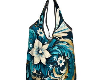 Foldable Reusable Shopping Bag, Waterproof Grocery Tote, Collapsible Market Bag, Large Capacity Everyday Tote, 5 Boho Nature Pattern Options