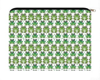 Frog Print Zipper Pouch, Kawaii Cosmetic Travel Bag, Polyester Organizer Case
