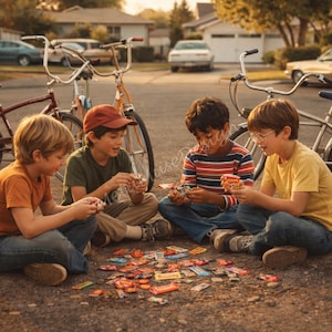 May include: Four children sit on the ground, surrounded by vintage bicycles, playing with colorful cards. The scene is set on a residential street, with houses and parked cars in the background. The children are wearing casual clothes.