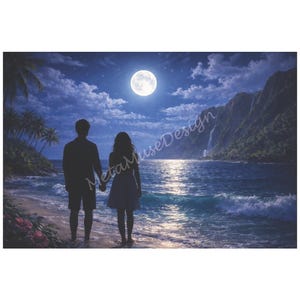 Op de afbeelding: Een romantische print met een silhouet van een stel op een strand 's nachts, onder een volle maan. De scène omvat palmbomen, bergen en oceaangolven. De tekst "MetaMuse Design" is zichtbaar.