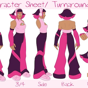 May include: Character sheet/turnaround illustration of a female character in a pink and purple outfit. The character is wearing headphones and has pink hair. The illustration shows the character from multiple angles, including front, side, and back views.