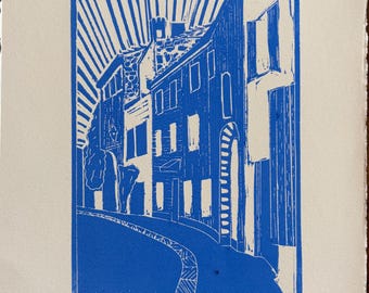 Grabado en linóleo de un pueblo francés: "Bonjour, Bonjour" – Escena callejera provenzal, arte impreso a mano