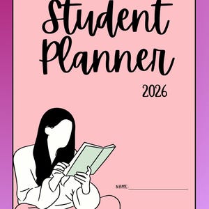 Könnte beinhalten: Ein rosa Studentenplaner mit dem Text "Student Planner 2026" in schwarzer Schrift. Unten befindet sich eine Illustration einer Person, die ein Buch liest. Der Planer hat Platz, um einen Namen zu schreiben.