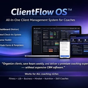 Op de afbeelding: Een digitale advertentie voor ClientFlow OS, een alles-in-één klantmanagementsysteem voor coaches. De afbeelding toont een laptop, tablet en smartphone met de software-interface. Tekst benadrukt functies zoals klantdashboards en automatische check-ins.