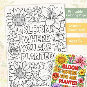 Può includere: Una pagina da colorare stampabile con la scritta "Bloom Where You Are Planted" circondata da illustrazioni floreali. Viene mostrata anche una versione più piccola e colorata del disegno. Adatto dai 5 anni in su, ideale per attività scolastiche.