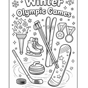 Könnte beinhalten: Schwarz-Weiß-Illustration der Olympischen Winterspiele. Das Bild enthält eine Fackel, Schlittschuhe, Skier, Medaillen, ein Snowboard, einen Curlingstein, einen Hockeyschläger und einen Puck sowie Schneeflocken. Der Text lautet "Winter Olympische Spiele."
