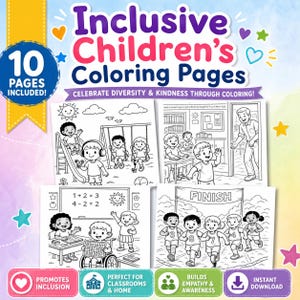 以下が含まれることがあります： 10枚のインクルーシブな子供向け塗り絵のセット。ページには、遊び場、教室、レースなど、さまざまな環境にいる多様な子供たちの線画が描かれています。テキストには「多様性と優しさを塗り絵で祝おう！」と書かれています。