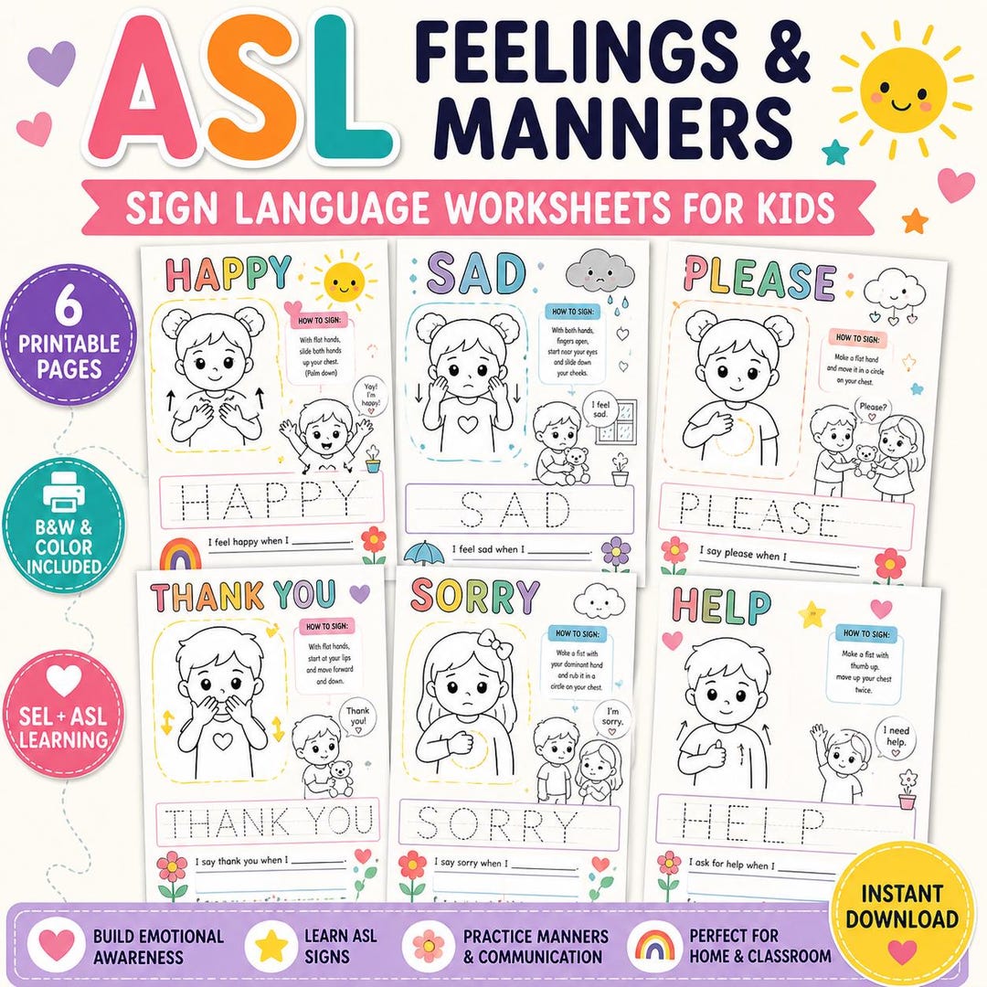 ASL for Kids Worksheets | Feelings & Manners | Sign Language Printable ...