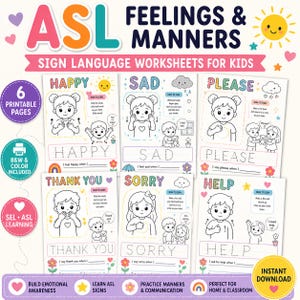 Puede incluir: Un colorido conjunto de hojas de trabajo educativas para niños, con LSA (Lengua de Signos Americana) para sentimientos y modales. El conjunto incluye páginas imprimibles con ilustraciones e instrucciones para firmar palabras como "Feliz", "Triste" y "Por favor".