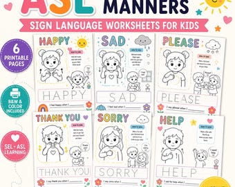 May include: A colorful educational worksheet set for kids, featuring ASL (American Sign Language) for feelings and manners. The set includes printable pages with illustrations and instructions for signing words like "Happy," "Sad," and "Please."