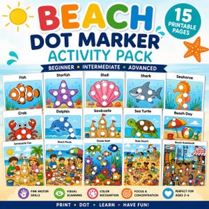 Könnte beinhalten: Ein farbenfrohes Beach Dot Marker Activity Pack mit 15 druckbaren Seiten. Das Pack enthält Anfänger-, Mittel- und Fortgeschrittenen-Level. Jede Seite zeigt Strandmotive, die für Kinder im Alter von 2-6 Jahren konzipiert sind.