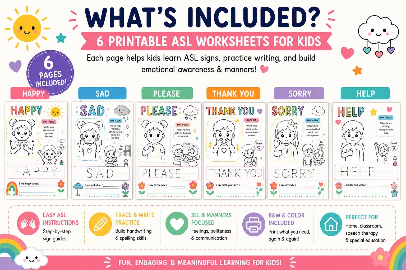 Asl Manners ASL for Kids Worksheets | Feelings & Manners | Sign Language Printable ...