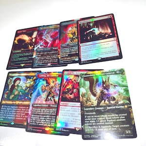 May include: A collection of Magic: The Gathering trading cards. The cards feature colorful illustrations of fantasy creatures and spells. The cards are in various conditions and feature different card types, including creatures, sorceries, and artifacts.