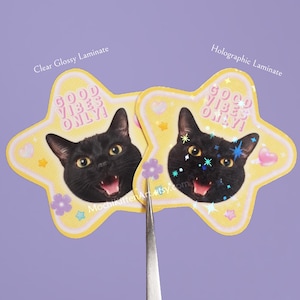 Y2K Good Vibes Only Söt Svart Katt Vinylklistermärke | Lucky Star Kawaii Void Cat Portrait | 90-talsnostalgi Heisei Retro Estetik