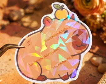 Cute Capybara with Yuzu Die Cut Holographic Sticker | Kawaii Animal Vinyl Decal | Sparkly Rainbow Cozy Kapibara Laptop Junk Journal Sticker
