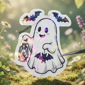 Cute Spooky Ghost with Bat Lantern Black and White Holographic Vinyl Sticker | Cozy Autumn Halloween Ghost Witchy Water Bottle Laptop Decal image 1