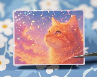 Dreamy Sky Orange Cat Holographic Vinyl Sticker | Romantic Japanese Anime Celestial Star Sunset Aesthetic | Cat Lover Gift Whimsical Gift