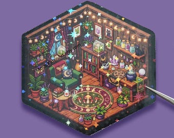 Miniature Witch Room Holographic Vinyl Sticker | Retro Moon Phase Witchy Home Decor | Boho Cozy Gamer Roombox | Dark Academia Magic Diorama