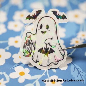 Cute Spooky Ghost with Bat Lantern Black and White Holographic Vinyl Sticker | Cozy Autumn Halloween Ghost Witchy Water Bottle Laptop Decal image 10