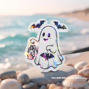 Cute Spooky Ghost with Bat Lantern Black and White Holographic Vinyl Sticker | Cozy Autumn Halloween Ghost Witchy Water Bottle Laptop Decal image 12