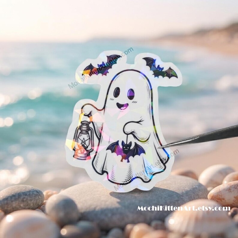 Cute Spooky Ghost with Bat Lantern Black and White Holographic Vinyl Sticker | Cozy Autumn Halloween Ghost Witchy Water Bottle Laptop Decal image 12