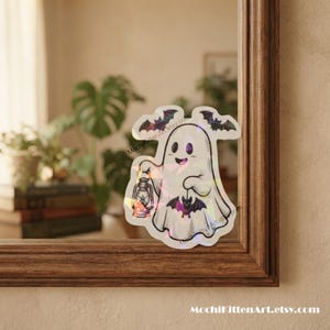 Cute Spooky Ghost with Bat Lantern Black and White Holographic Vinyl Sticker | Cozy Autumn Halloween Ghost Witchy Water Bottle Laptop Decal image 5