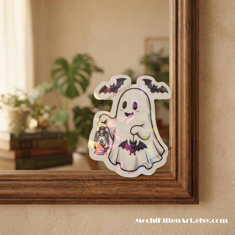 Cute Spooky Ghost with Bat Lantern Black and White Holographic Vinyl Sticker | Cozy Autumn Halloween Ghost Witchy Water Bottle Laptop Decal image 5