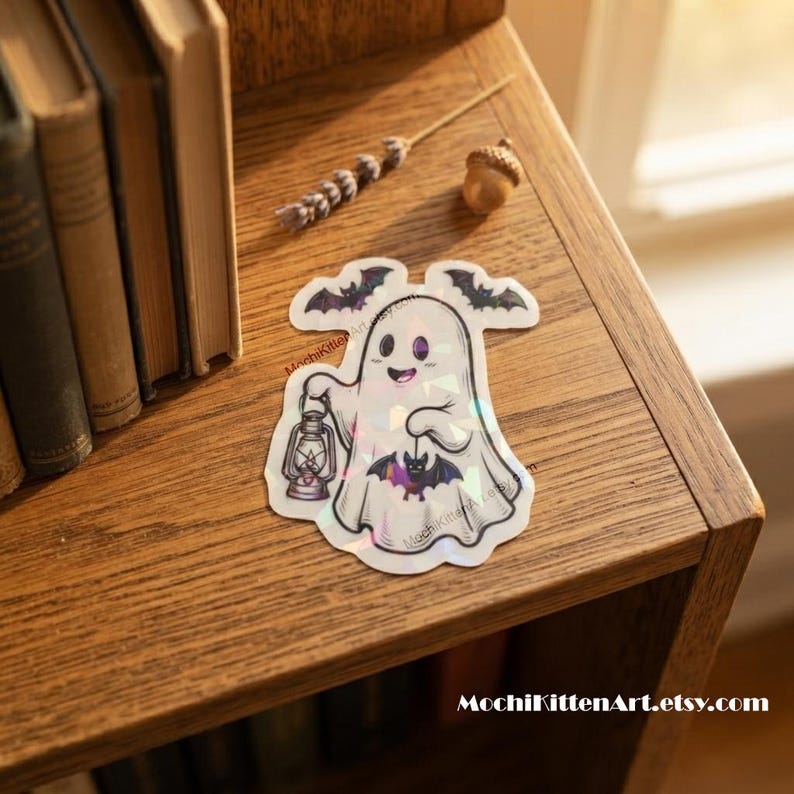 May include: A holographic sticker featuring a white ghost character holding a lantern and a small bat. The ghost has a smiling face and is surrounded by two flying bats. The text MochiKittenArt.etsy.com is printed on the sticker surface.