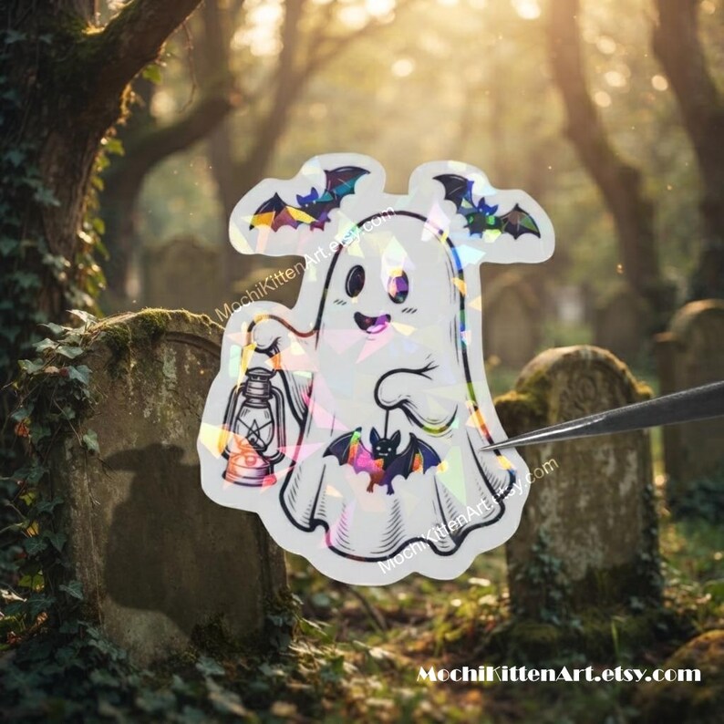 May include: A holographic sticker featuring a white ghost with a smiling expression, holding a lantern in one hand and a small bat in the other, with two additional bats flying above. The text MochiKittenArt.etsy.com is printed on the sticker.