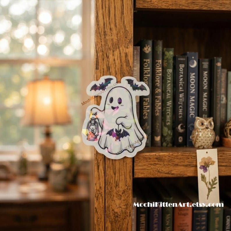May include: A die-cut sticker featuring a white ghost with purple eyes holding a lantern and a small bat. The ghost is surrounded by two flying bats and has a holographic finish. The text MochiKittenArt.etsy.com is printed on the ghost's body.