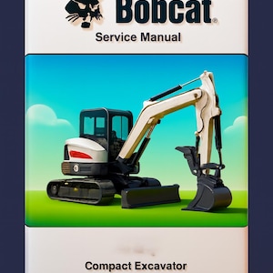 Puede incluir: Portada de manual de servicio Bobcat para excavadora compacta. Borde blanco con el logotipo y texto de Bobcat. La imagen muestra una ilustración detallada de la excavadora sobre un campo verde con un cielo azul de fondo.